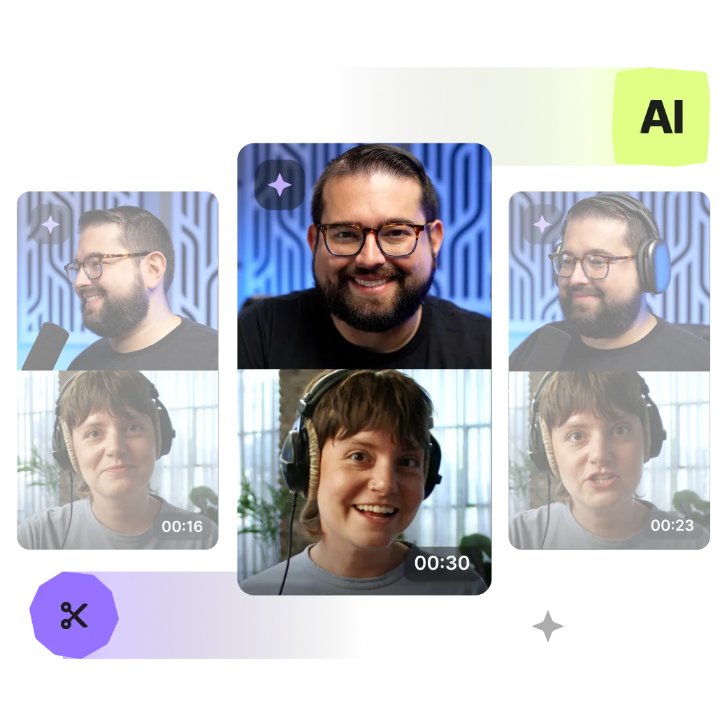 Collage of video call screenshots with a man wearing glasses and a beard, and a woman wearing headphones, showing different expressions and timestamps.